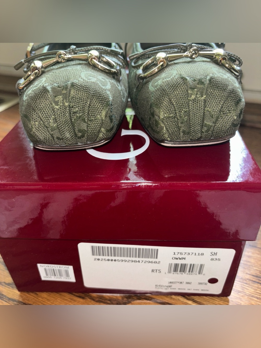 Authentic Gucci Horsebit Mary Jane Ballet Flat GG Logo Print Dark Green 8US 38EU - Picture 11 of 12